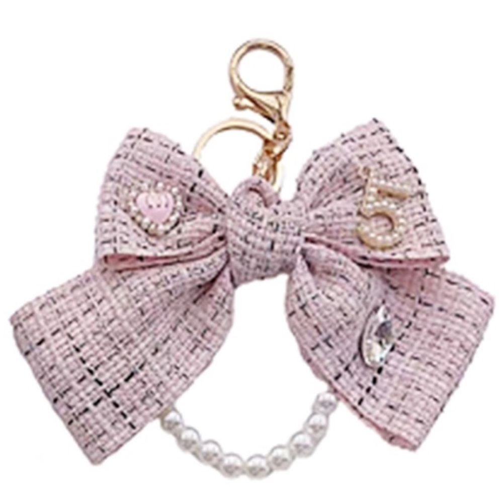 NWT! Chic Pink Bow Keychain with Pearl Heart Teardrop Bow Bag Charm Keychain